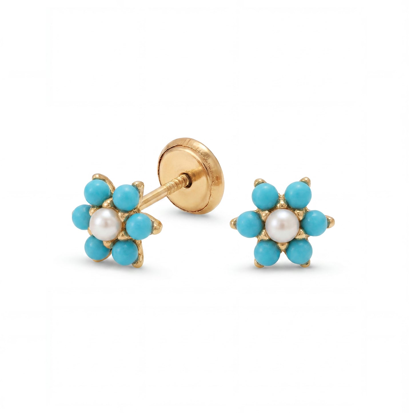 14K Yellow Gold Small Turquoise Flower with Pearl Center Screwback Earrings