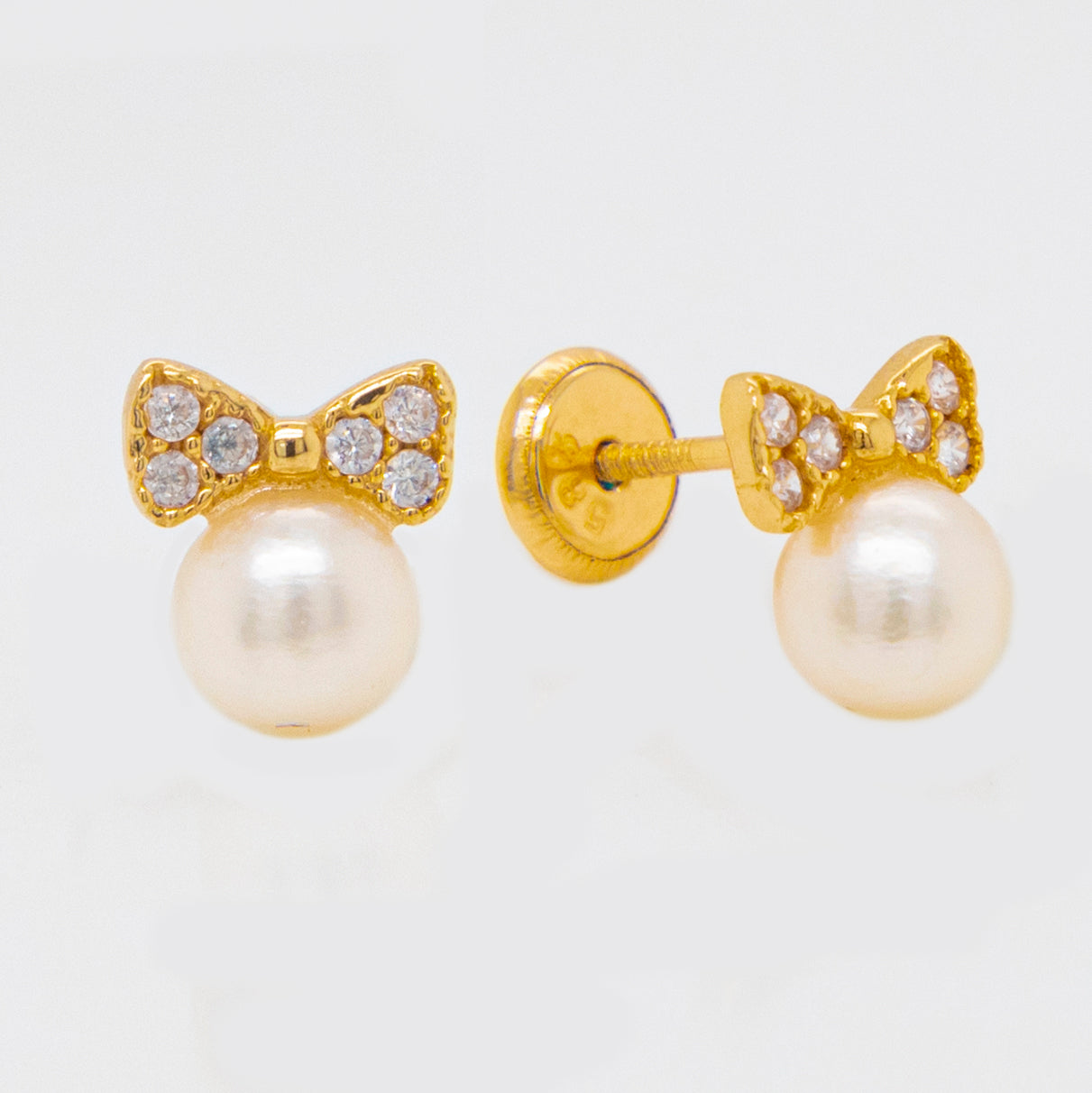 14K Yellow Gold CZ Bow with Mother of Pearl Screwback Earrings