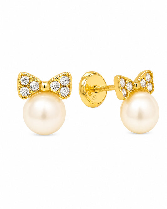 14K Yellow Gold CZ Bow with Mother of Pearl Screwback Earrings