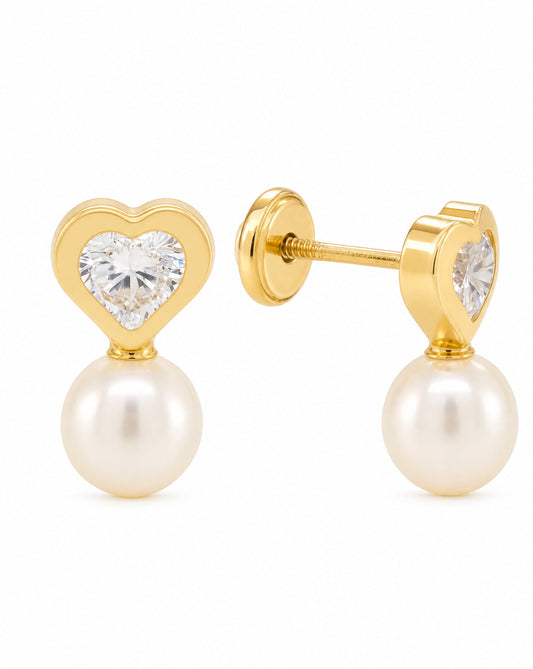 14K Yellow Gold Medium Heart with Pearl & CZ Accent Screwback Earrings