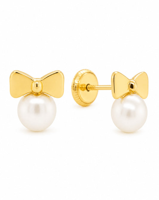 14K Yellow Gold Polished Bow with Mother of Pearl Screwback Earrings