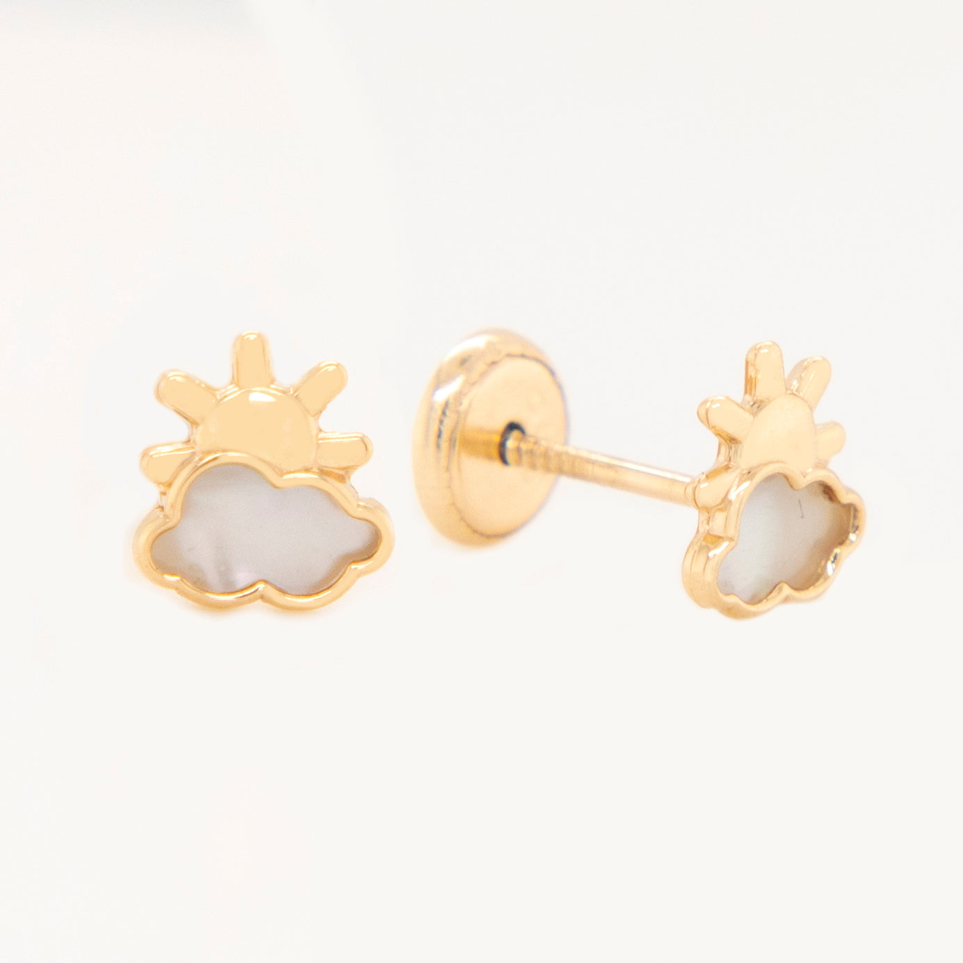 14K Yellow Gold Mother of Pearl Sun & Cloud Screwback Earrings