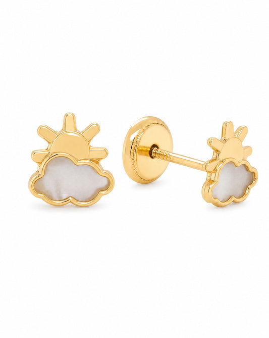 14K Yellow Gold Mother of Pearl Sun & Cloud Screwback Earrings
