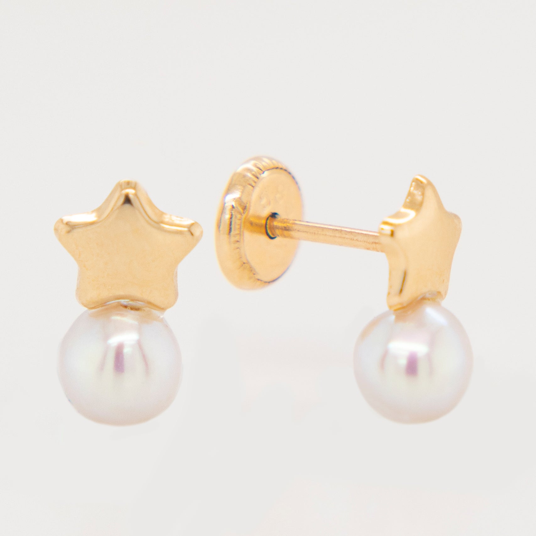 14K Yellow Gold Small Star with Pearl Screwback Earrings