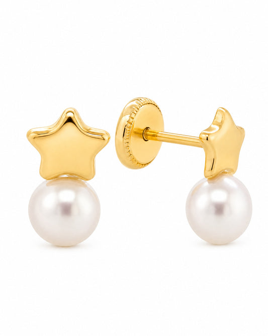 14K Yellow Gold Small Star with Pearl Screwback Earrings