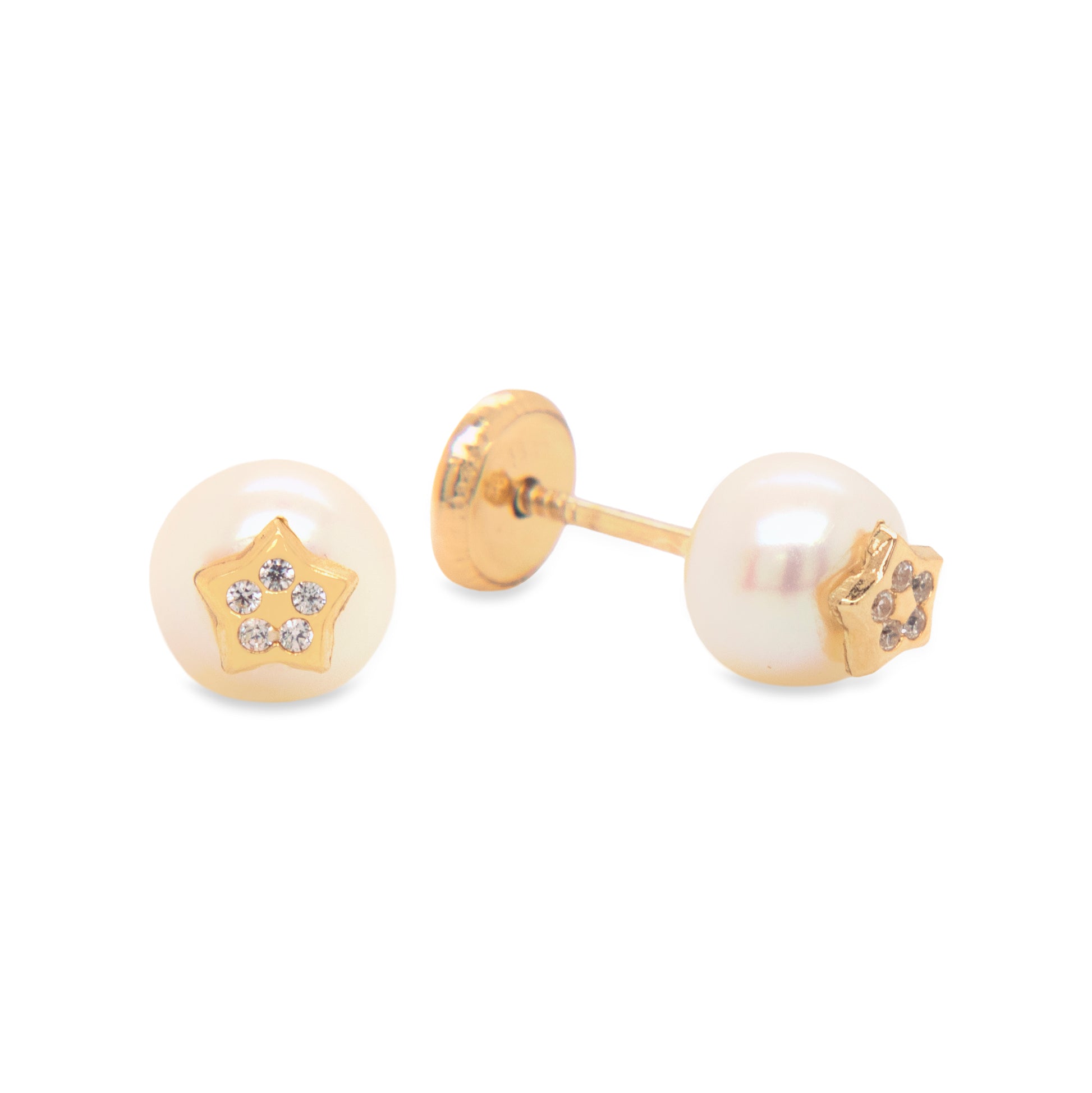 14K Yellow Gold Pearl & CZ Star Screwback Earrings