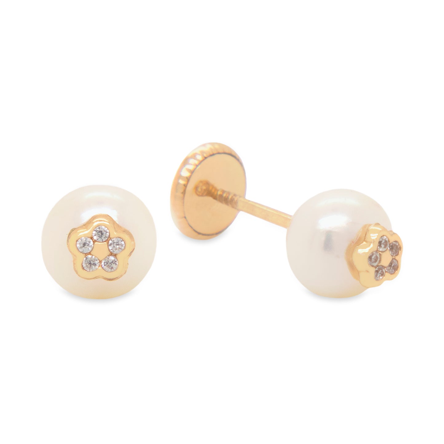 14K Yellow Gold Pearl & CZ Flower Screwback Earrings