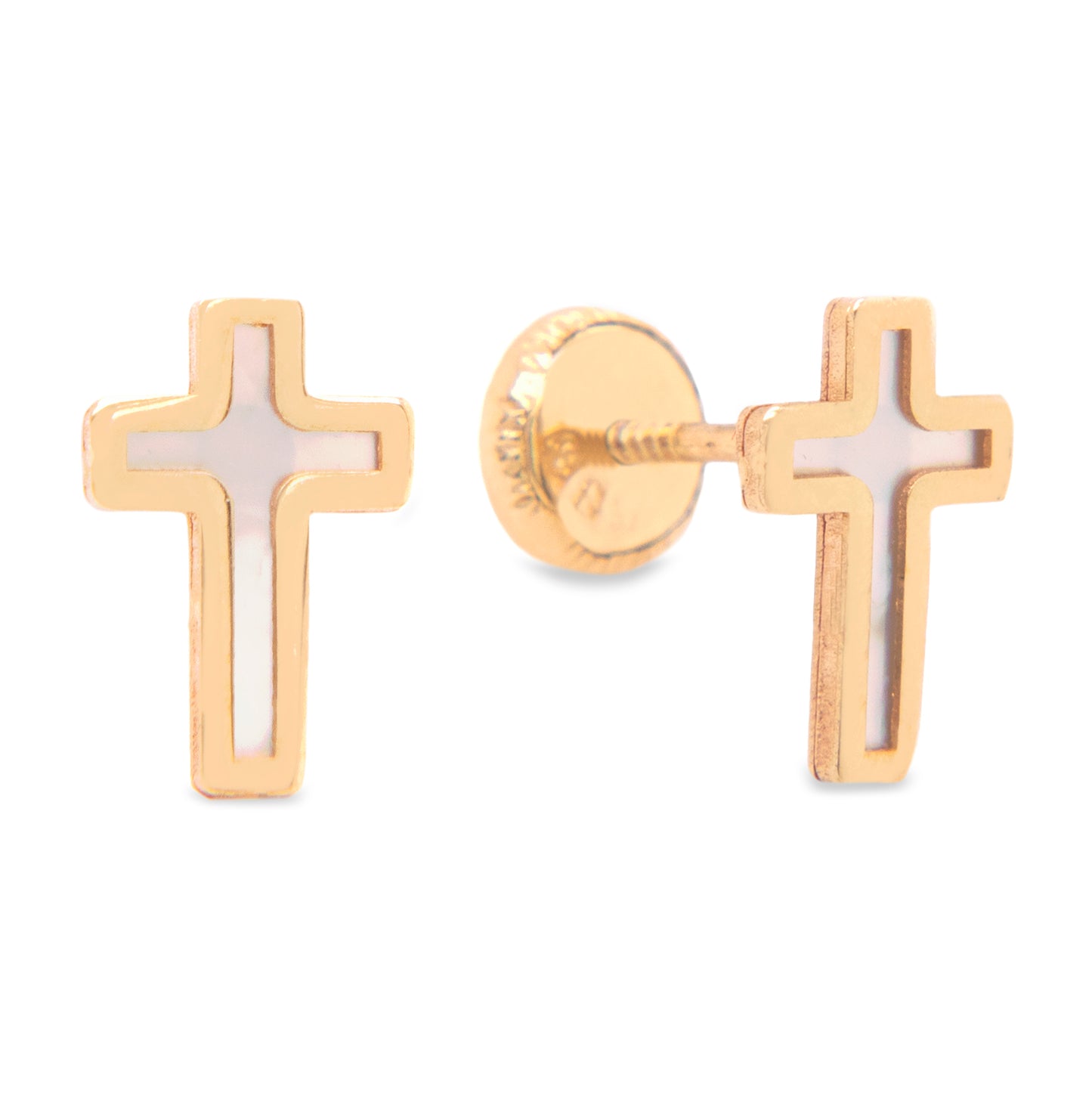 14K Yellow Gold Medium Mother of Pearl Cross Screwback Earrings