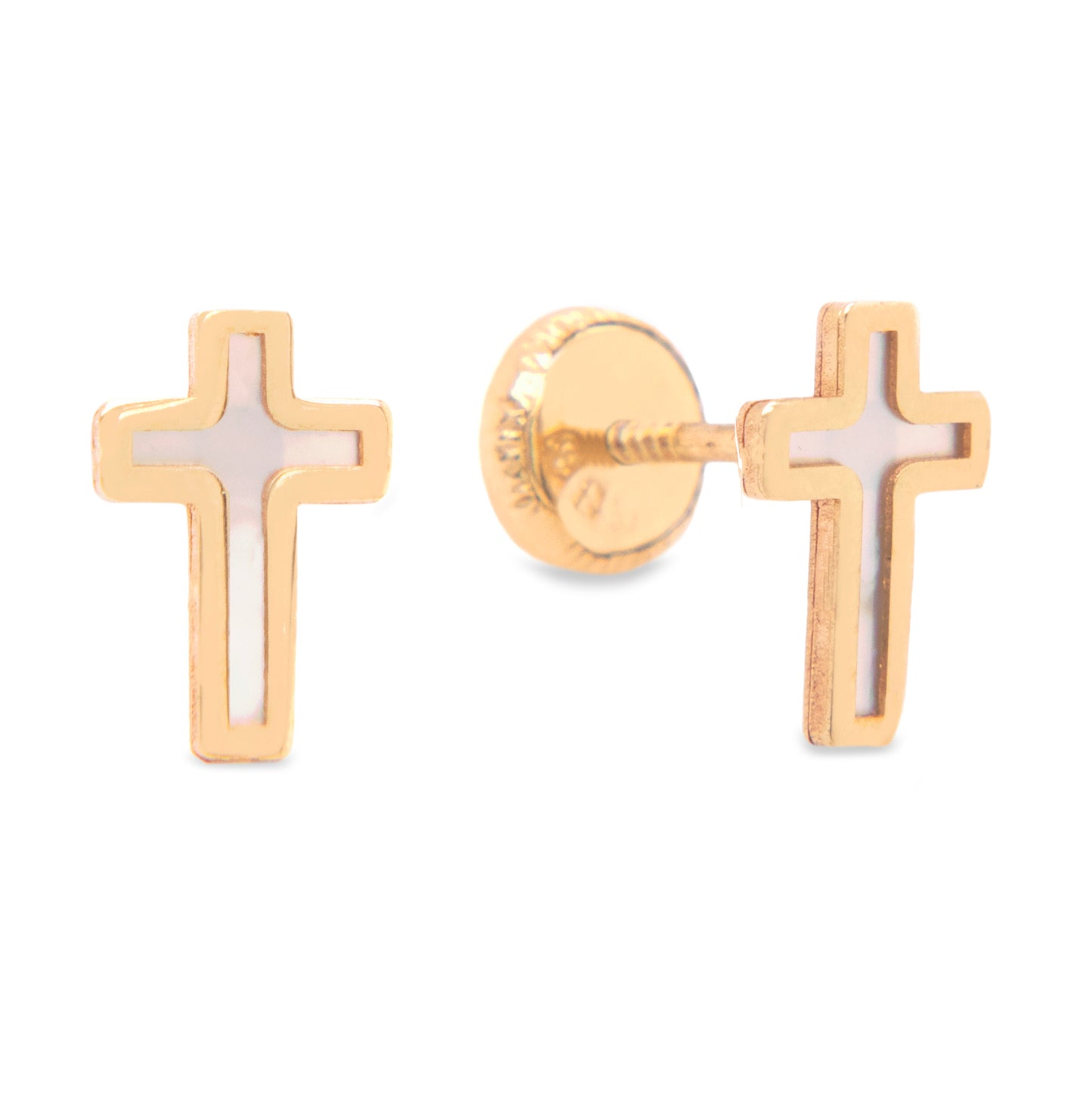 14K Yellow Gold Small Mother of Pearl Cross Screwback Earrings