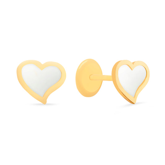14K Yellow Gold Small Mother of Pearl Tilted Heart Screwback Earrings