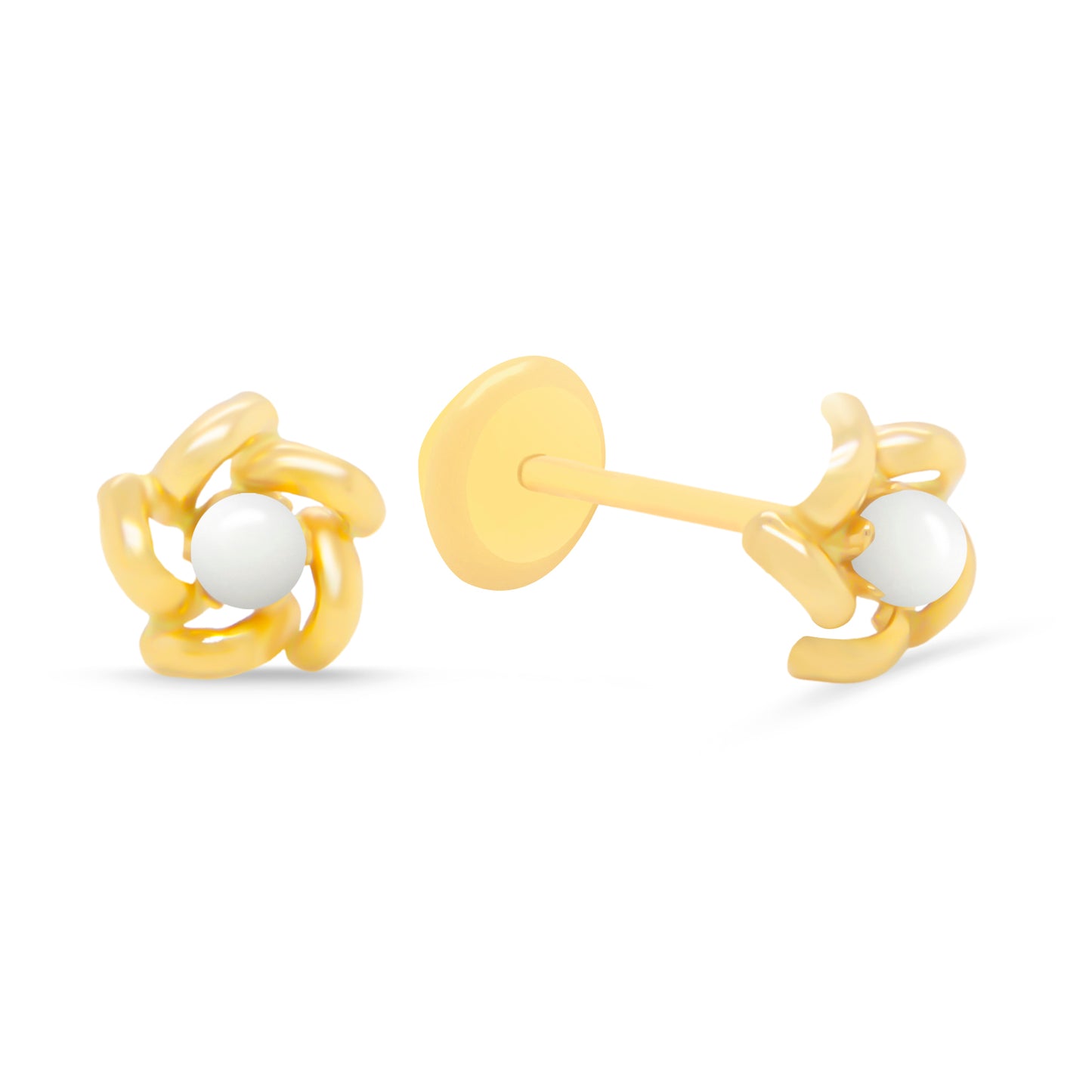 14K Yellow Gold Unique Melted Star with Pearl Center Screwback Earrings