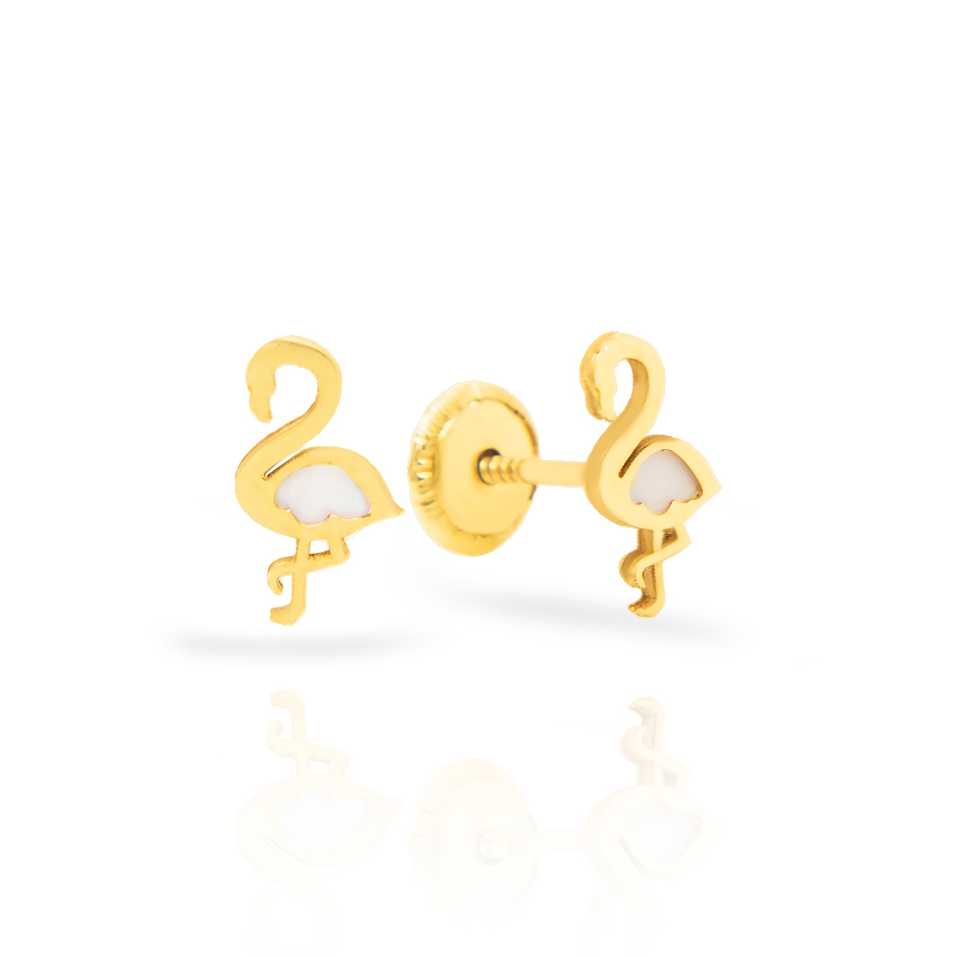 14K Yellow Gold Mother of Pearl Flamingo Screwback Earrings