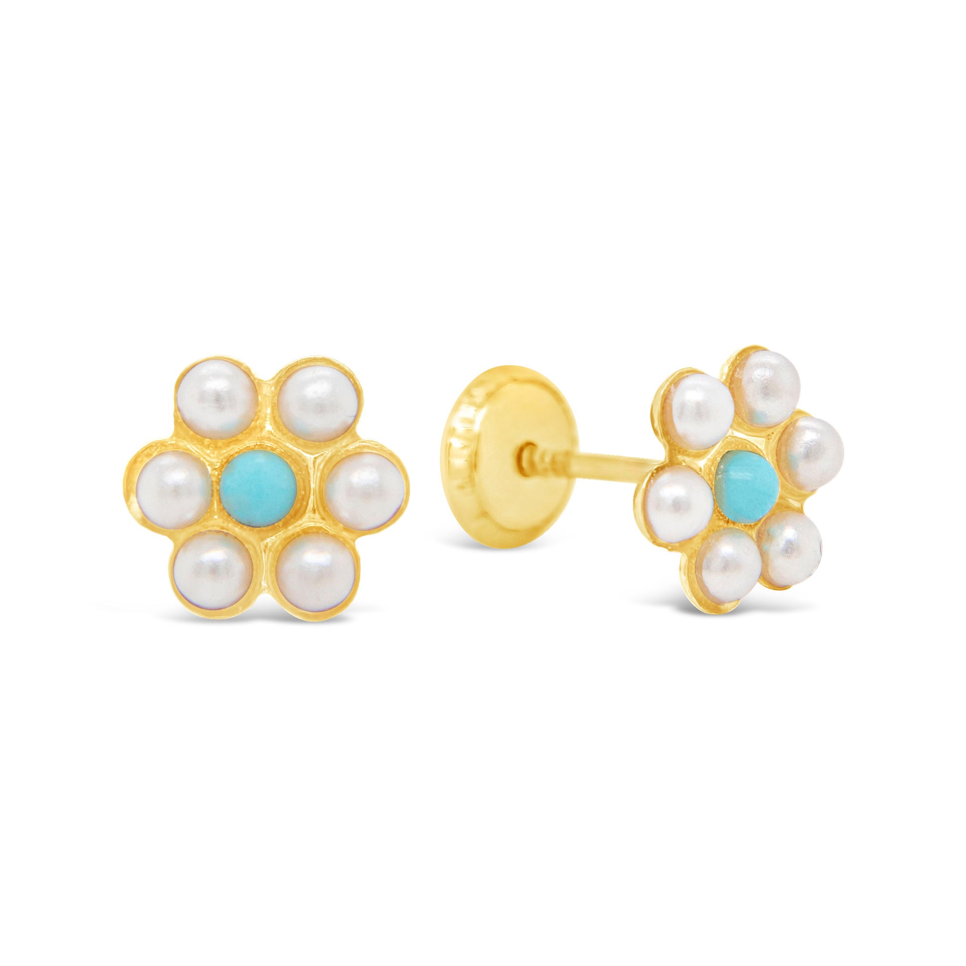 14K Yellow Gold Pearl Flower with Turquoise Center Screwback Earrings