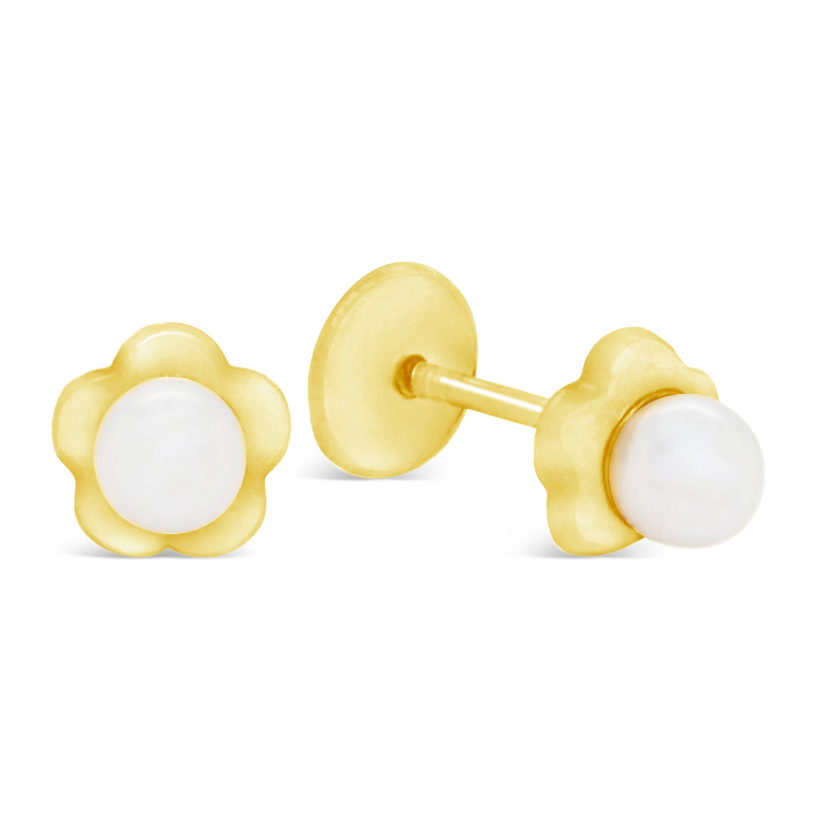14K Yellow Gold Small Flower with Pearl Center Screwback Earrings