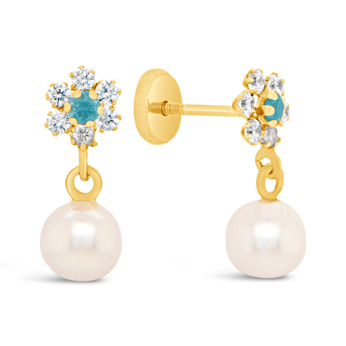 14K Yellow Gold Light Blue CZ Flower with Dangling Pearl Screwback Earrings