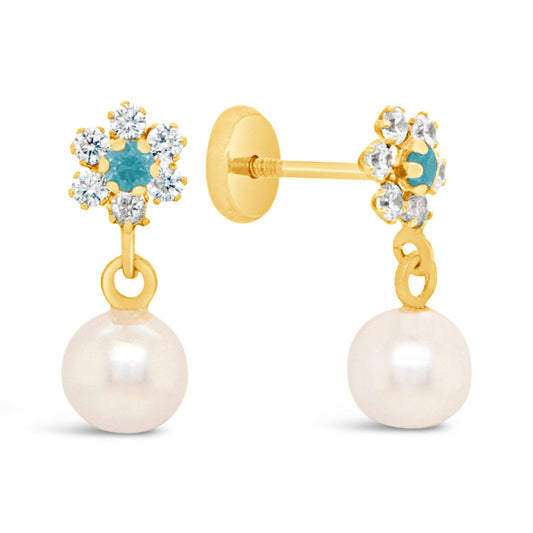 14K Yellow Gold Light Blue CZ Flower with Dangling Pearl Screwback Earrings