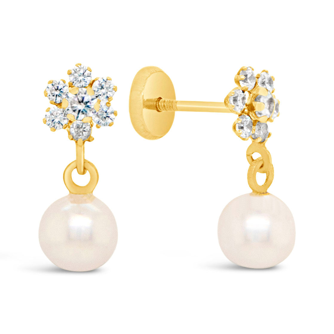 14K Yellow Gold White CZ Flower with Dangling Pearl Screwback Earrings