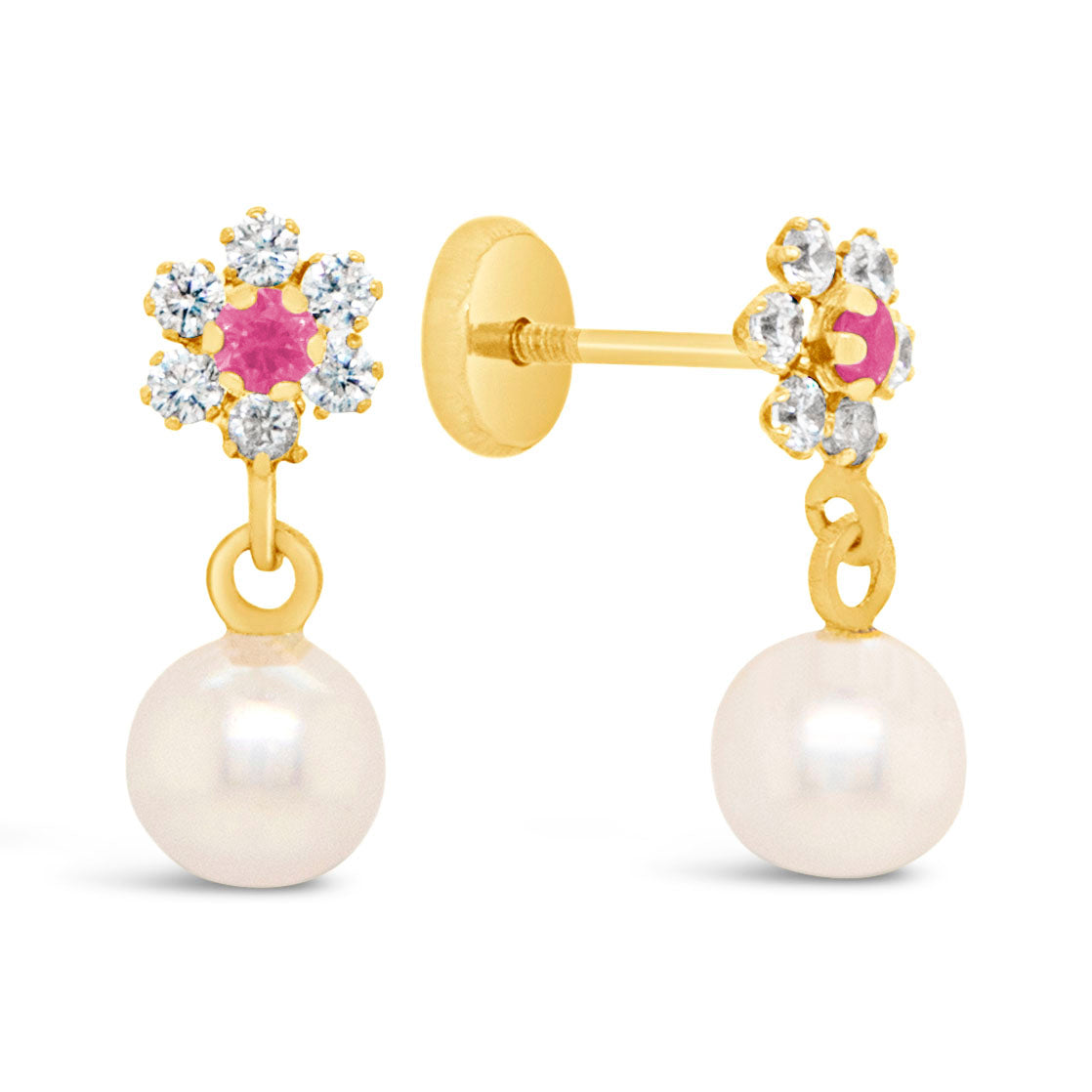14K Yellow Gold Pink CZ Flower with Dangling Pearl Screwback Earrings