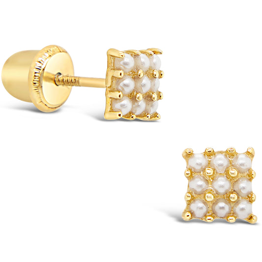 14K Yellow Gold Mother of Pearl Square Screwback Earrings