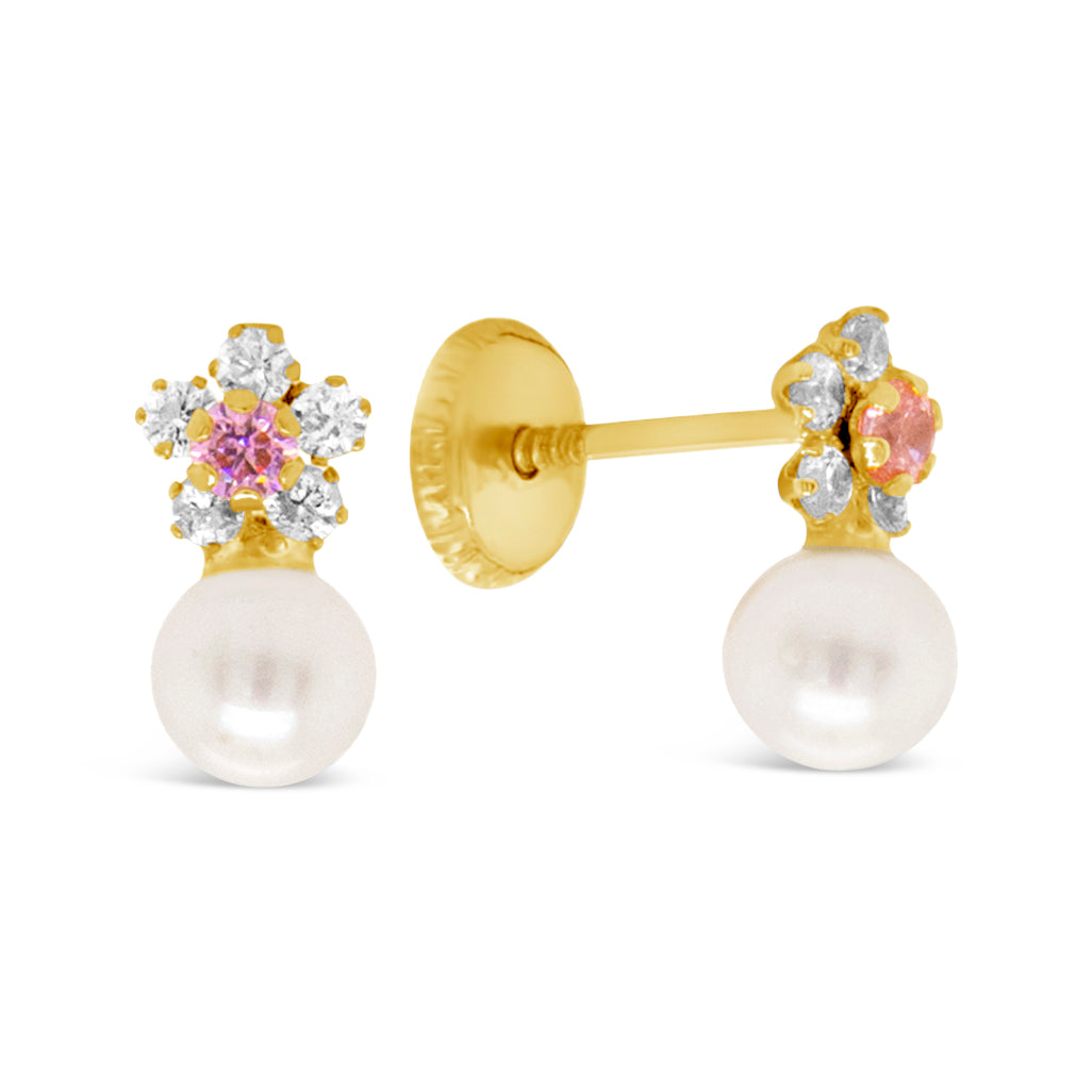 14K Yellow Gold Small Pink CZ Flower with Pearl Screwback Earrings
