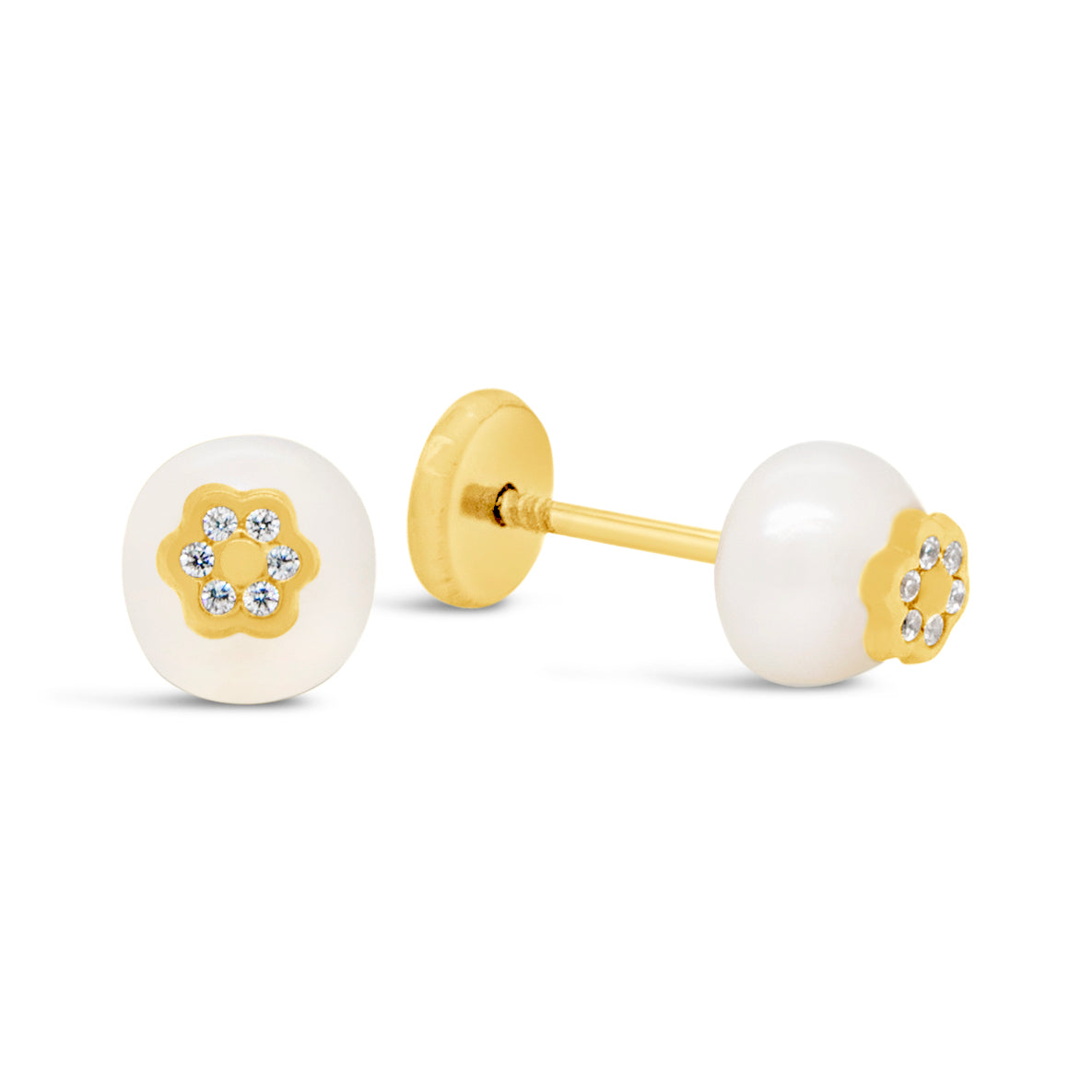 14K Yellow Gold Pearl & CZ Flower Screwback Earrings-1
