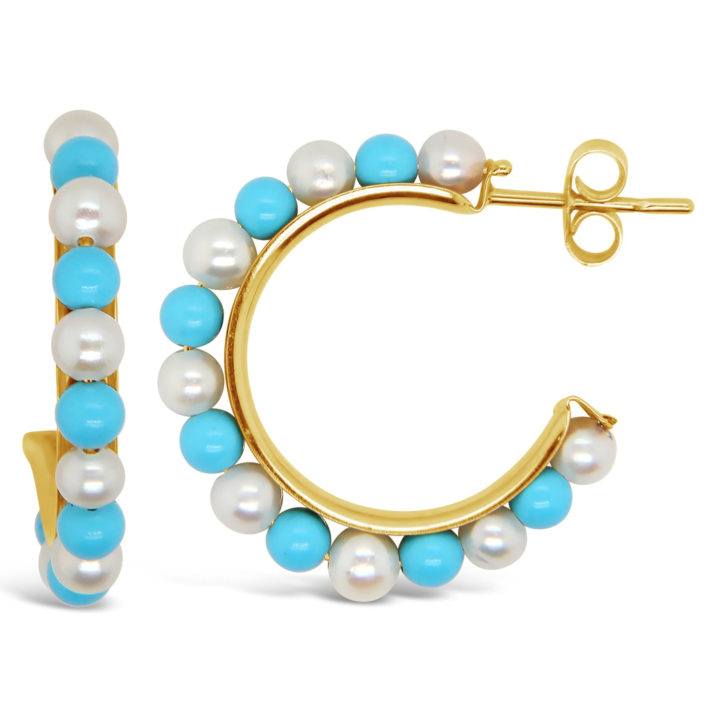 14K Yellow Gold Large Pearl & Turquoise Cluster C-Hoop Pushback Earrings