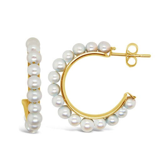 14K Yellow Gold Medium Pearl Cluster C-Hoop Pushback Earrings