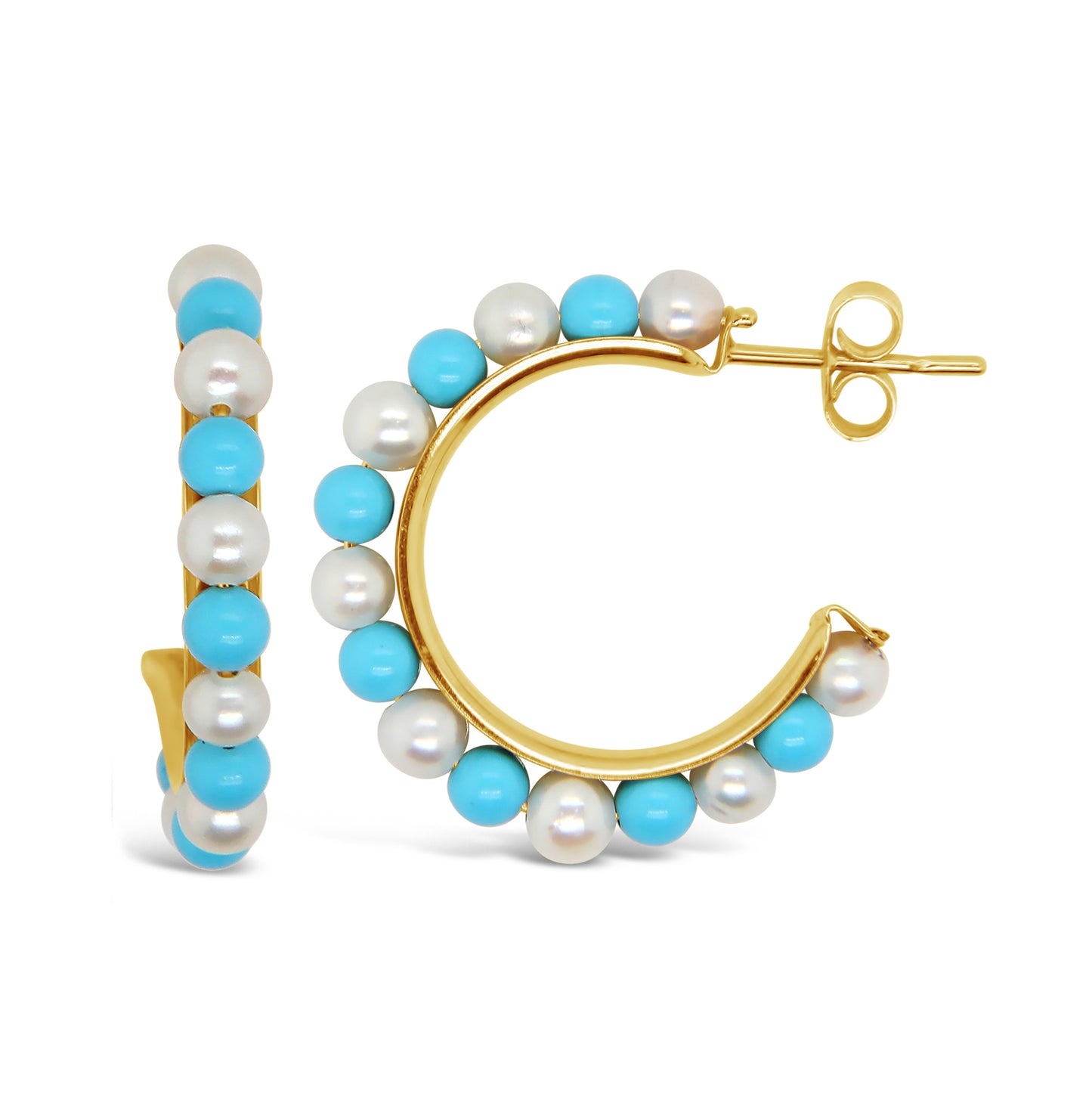 14K Yellow Gold Medium Pearl & Turquoise Cluster C-Hoop Pushback Earrings