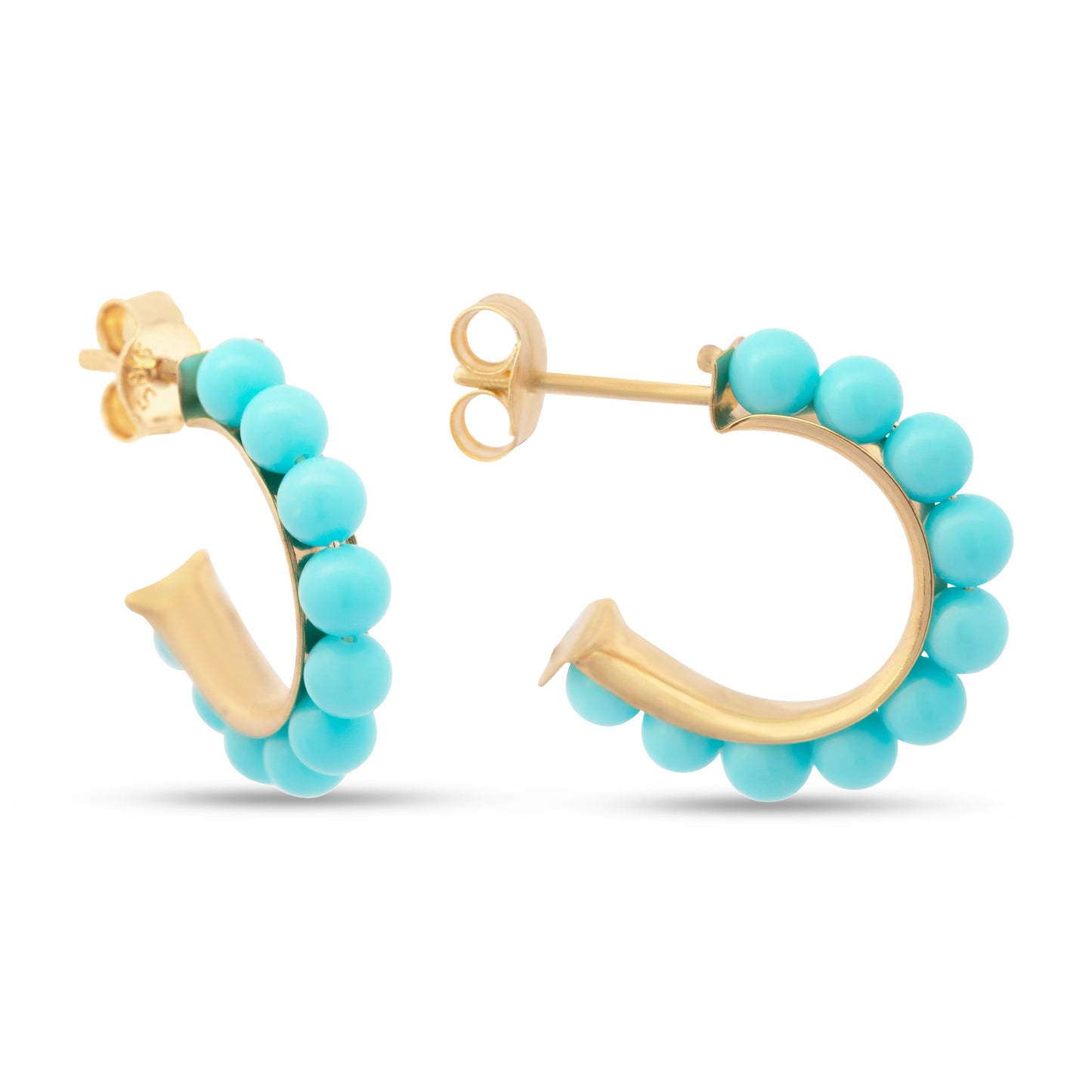 14K Yellow Gold Medium Turquoise Cluster C-Hoop Pushback Earrings