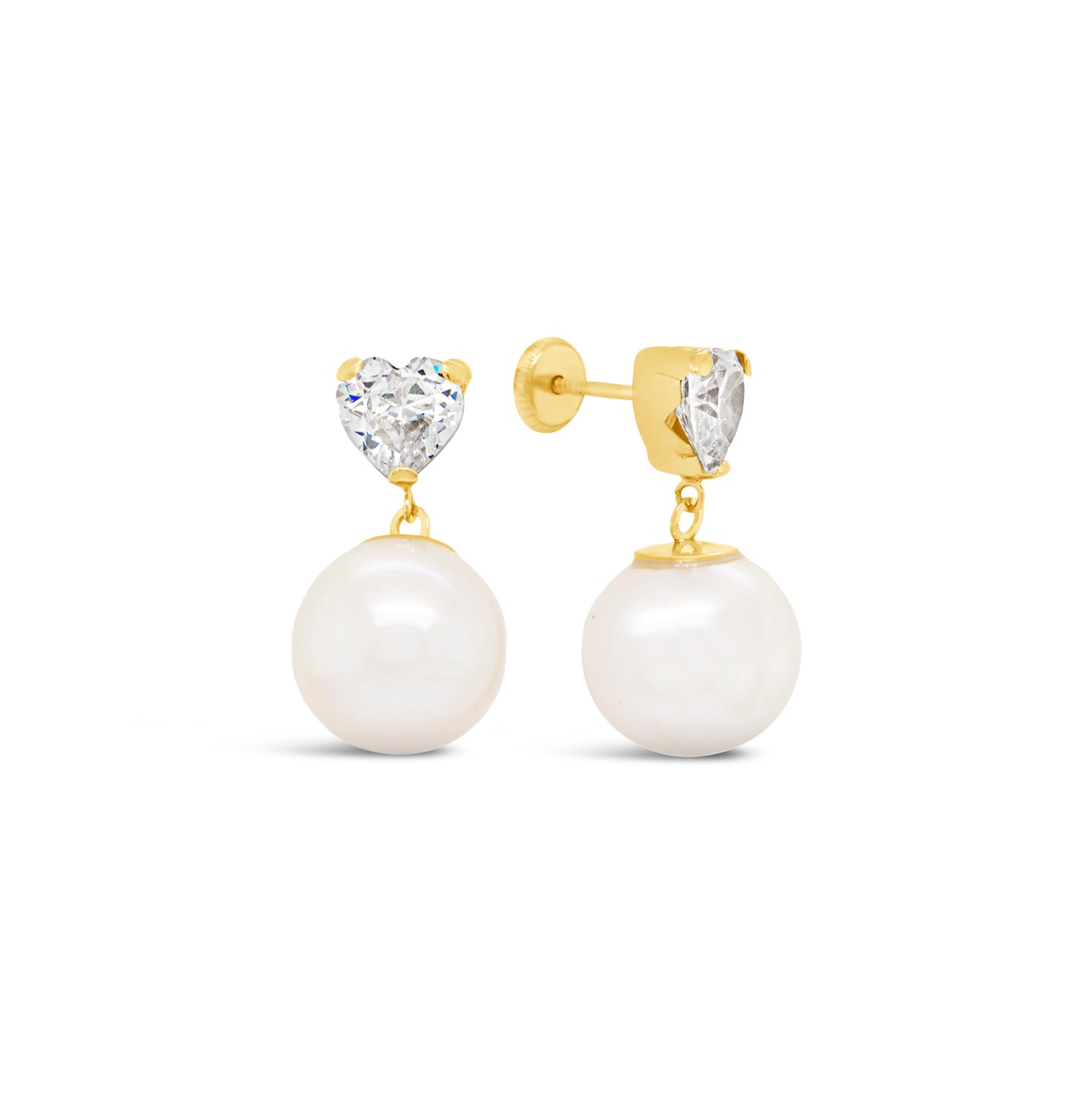 14K Yellow Gold Heart CZ & Pearl Dangling Screwback Earrings