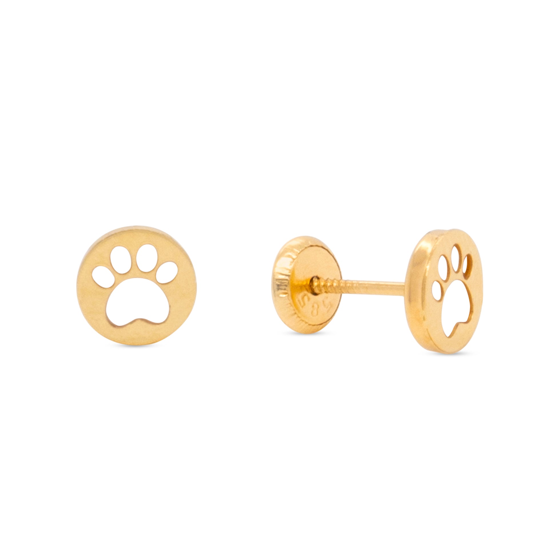 14K Yellow Gold Mother of Pearl Round Paw Print Screwback Earrings