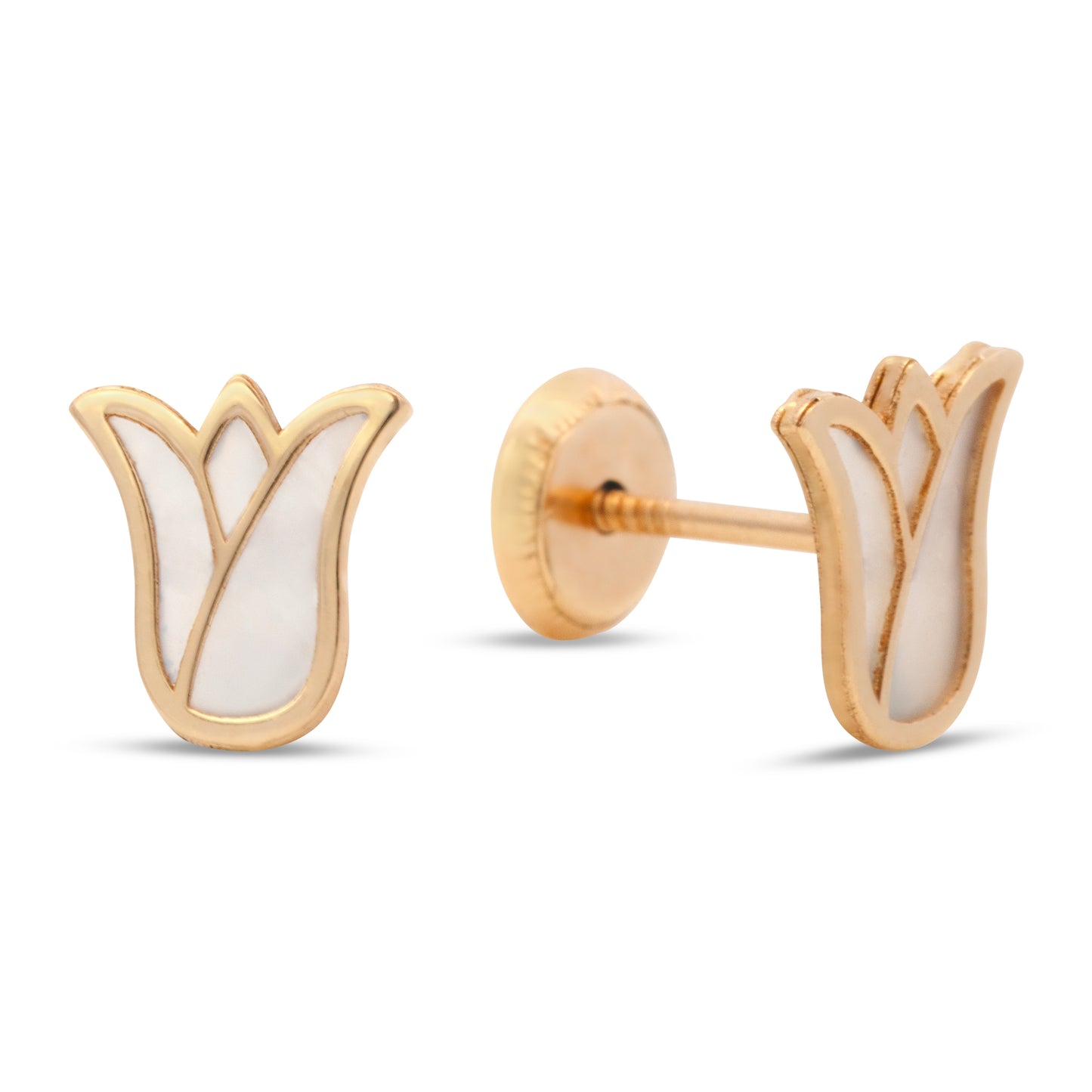 14K Yellow Gold Medium Mother of Pearl Tulip Screwback Earrings