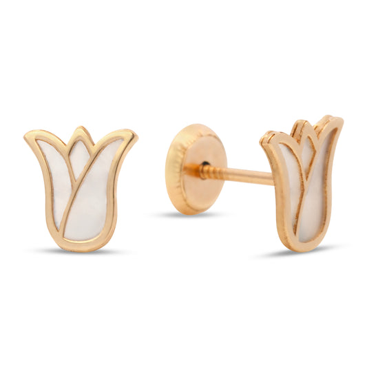 14K Yellow Gold Medium Mother of Pearl Tulip Screwback Earrings
