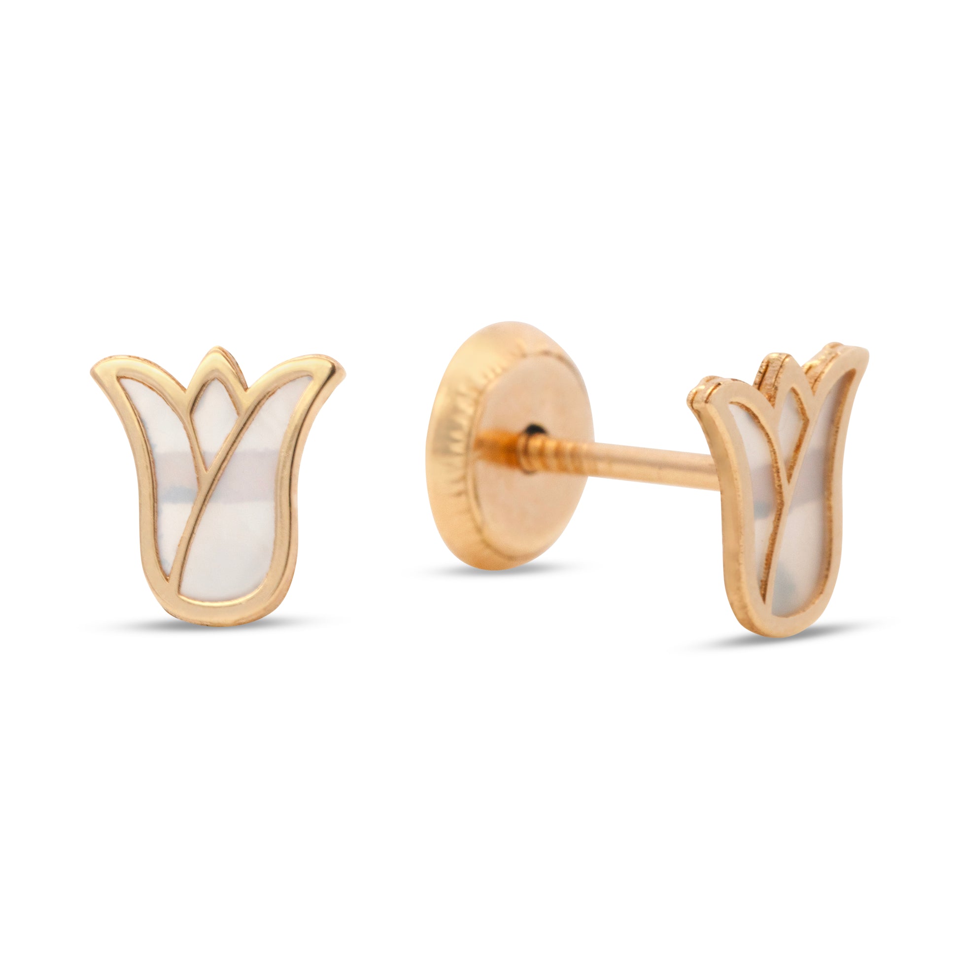 14K Yellow Gold Small Mother of Pearl Tulip Screwback Earrings