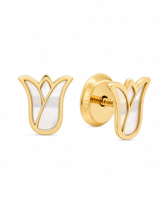 14K Yellow Gold Small Mother of Pearl Tulip Screwback Earrings