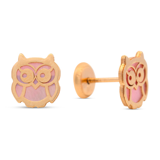 14K Yellow Gold Medium Pink Mother of Pearl Owl Screwback Earrings
