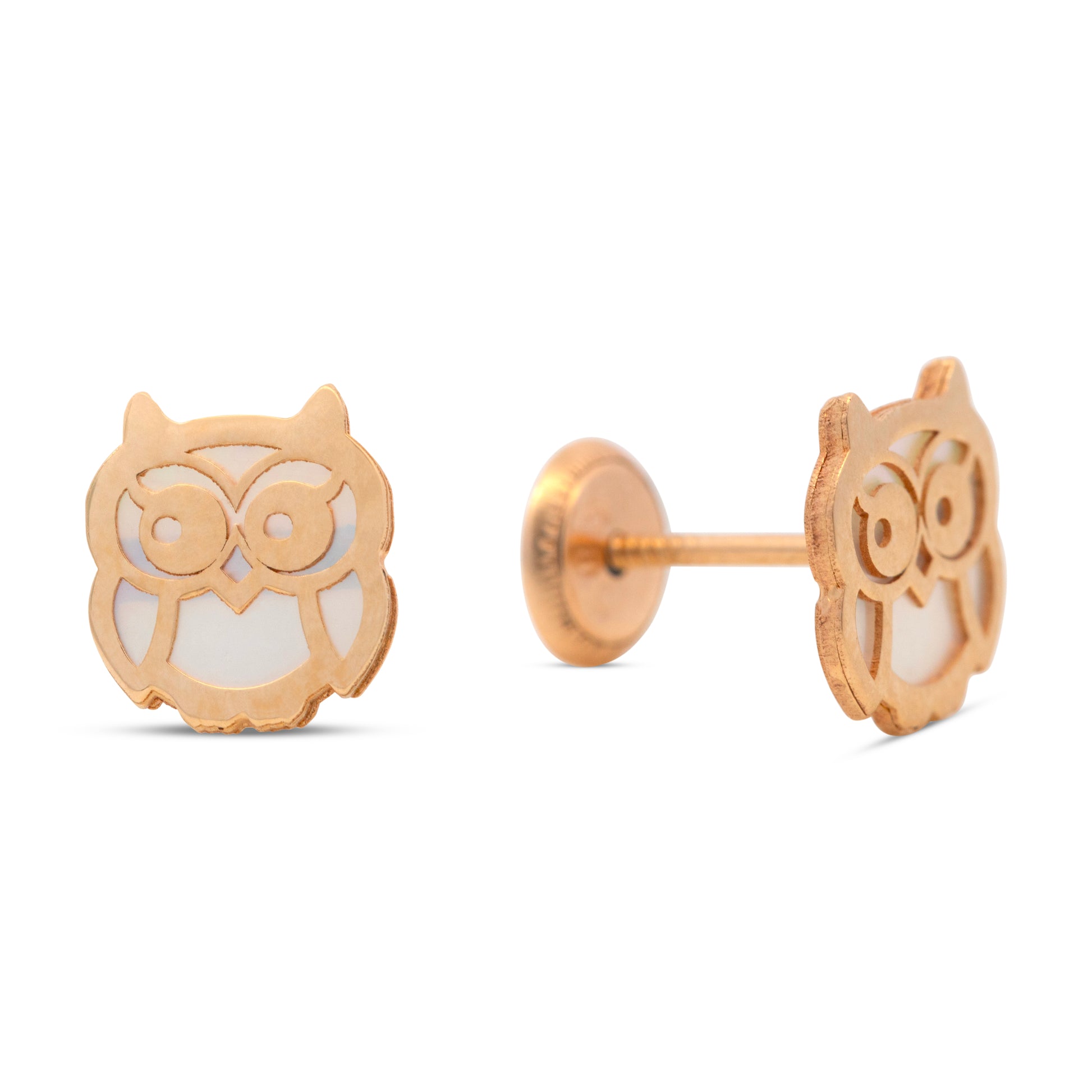 14K Yellow Gold Medium Mother of Pearl Owl Screwback Earrings