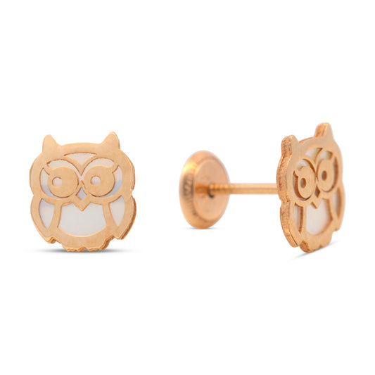 14K Yellow Gold Medium Mother of Pearl Owl Screwback Earrings