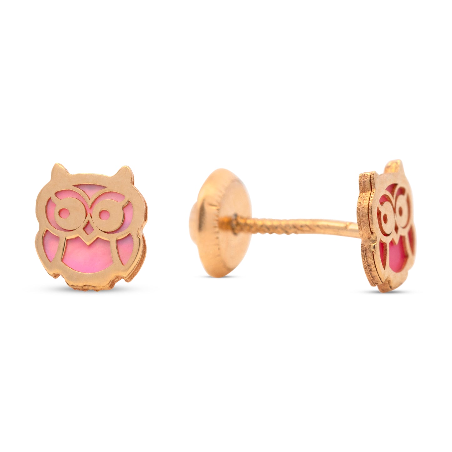 14K Yellow Gold Small Pink Mother of Pearl Owl Screwback Earrings