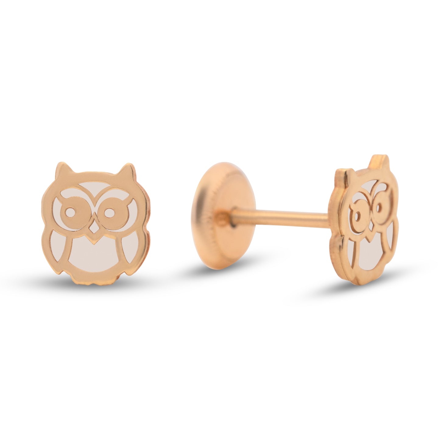 14K Yellow Gold Small Mother of Pearl Owl Screwback Earrings