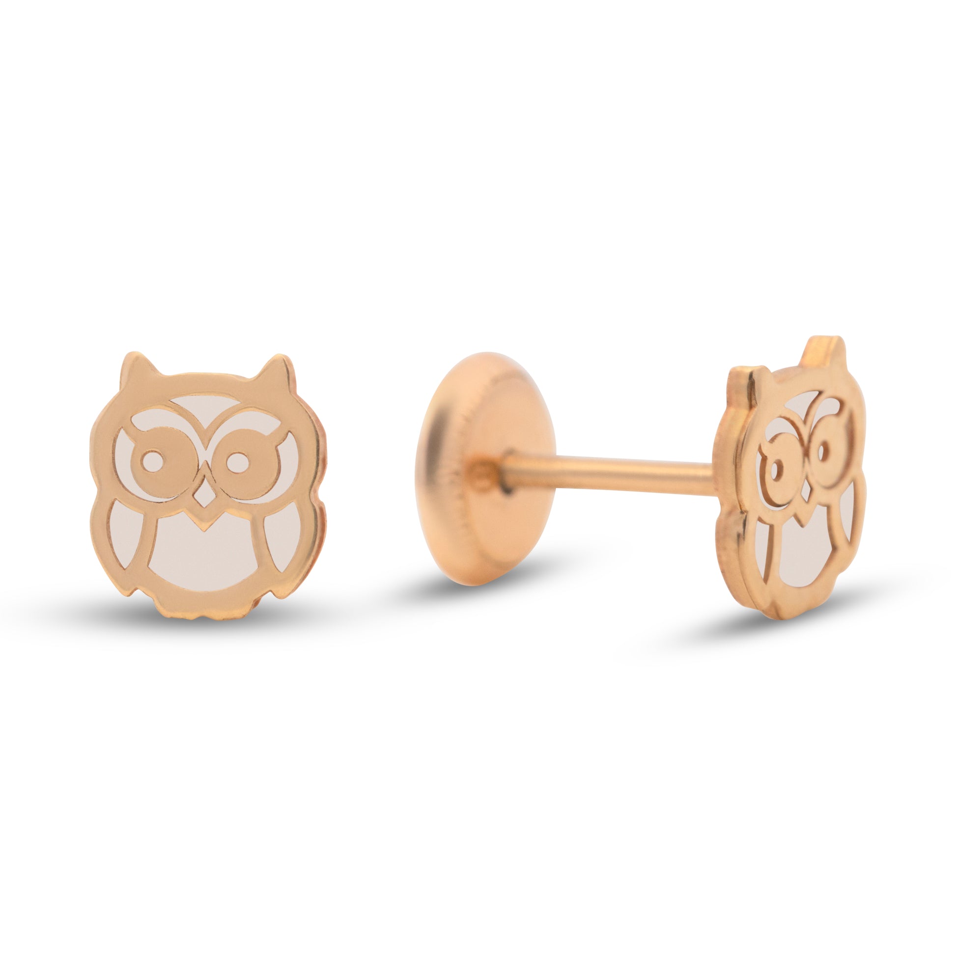 14K Yellow Gold Small Mother of Pearl Owl Screwback Earrings