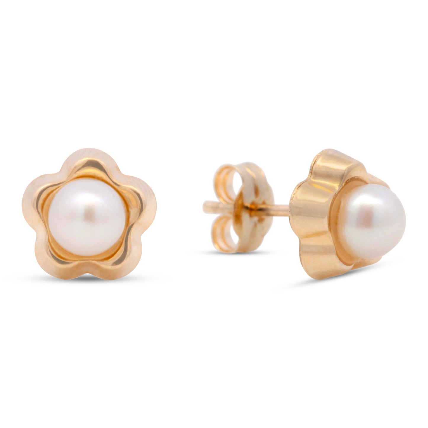 14K Yellow Gold Small Flower with Pearl Center Pushback Earrings