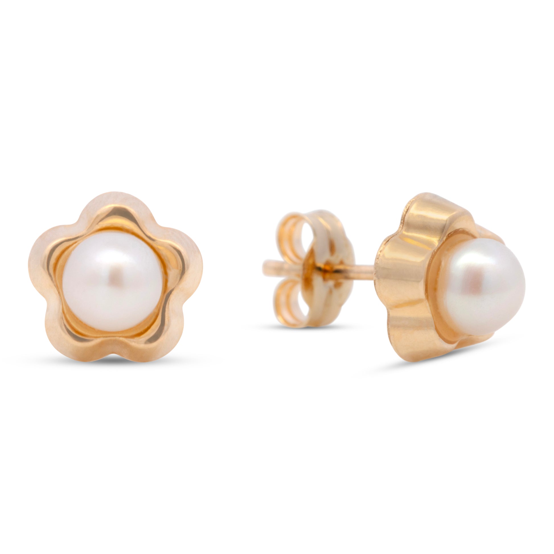 14K Yellow Gold Small Flower with Pearl Center Pushback Earrings