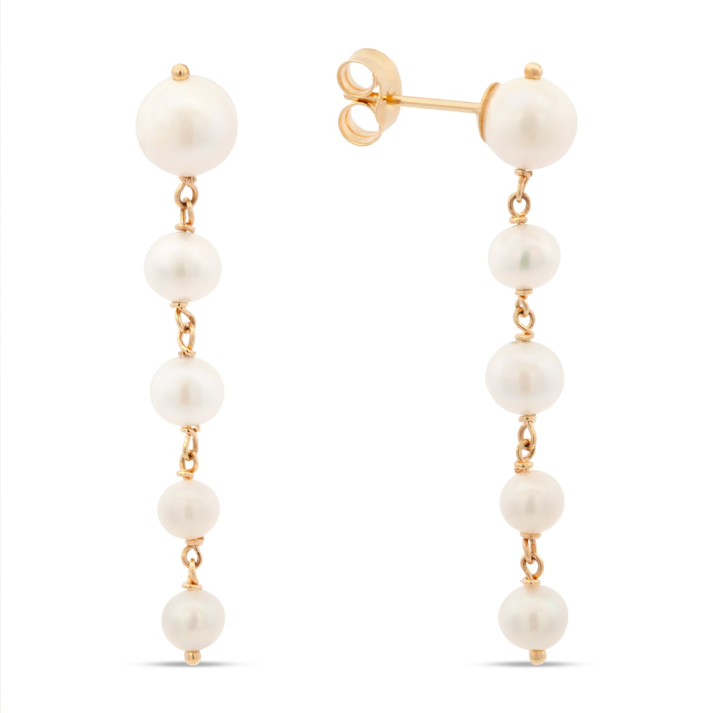 14K Yellow Gold Graduated Pearl Drop Dangling Pushback Earrings