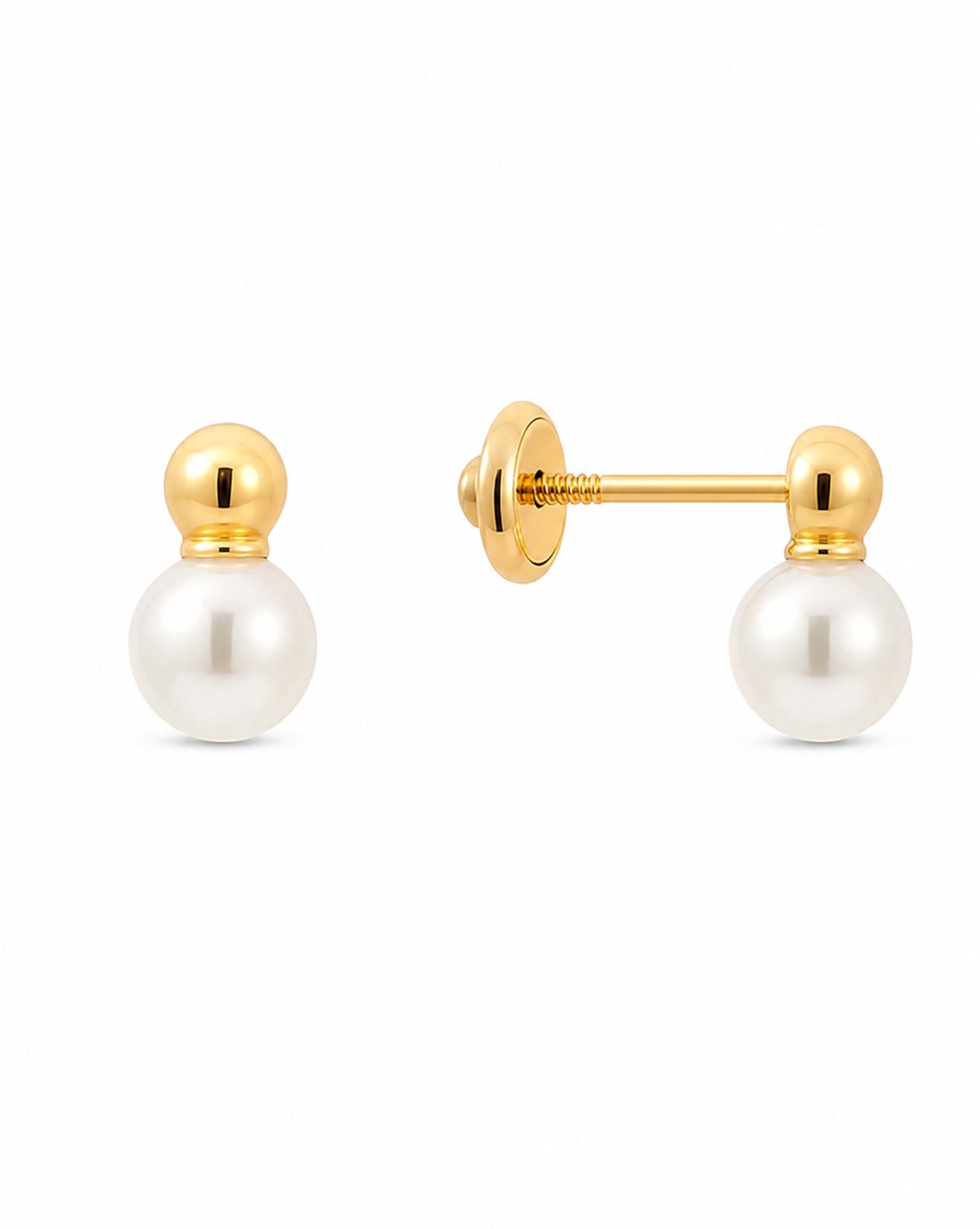 14K Yellow Gold Small Pearl with Plain Ball On Top Screwback Earrings