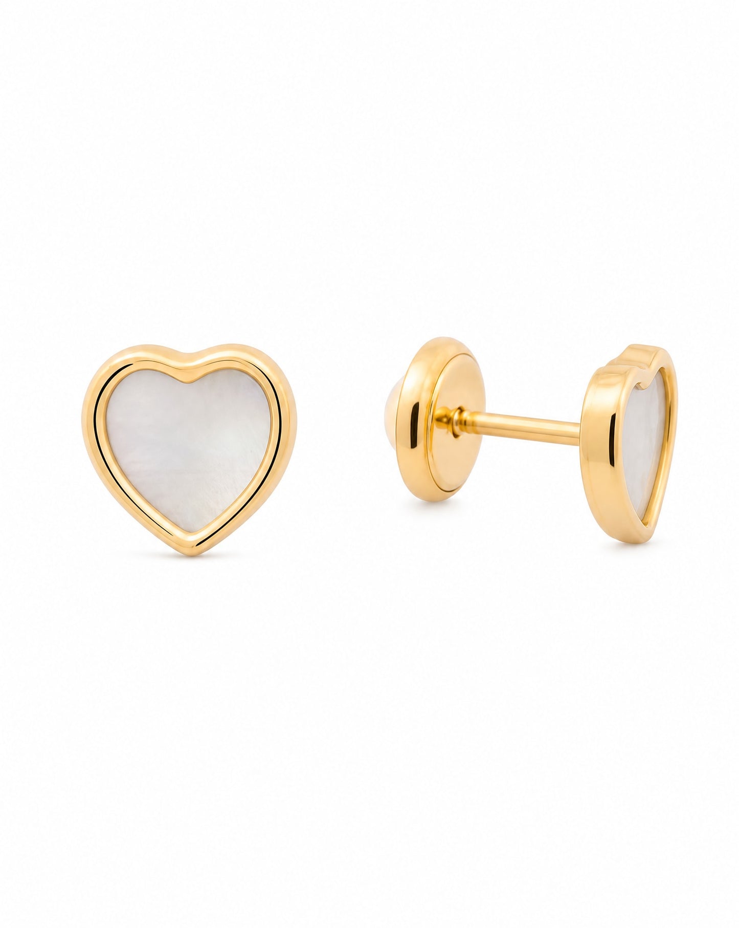 14K Yellow Gold Mother Of Pearl Heart Screwback Earring