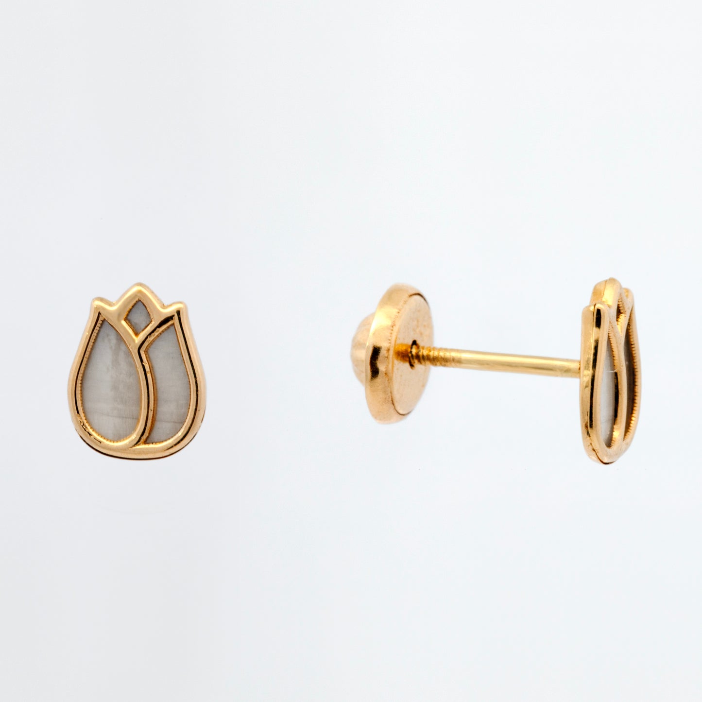 14K Yellow Gold Mother Of Pearl Tulip Flower Screwback Earring