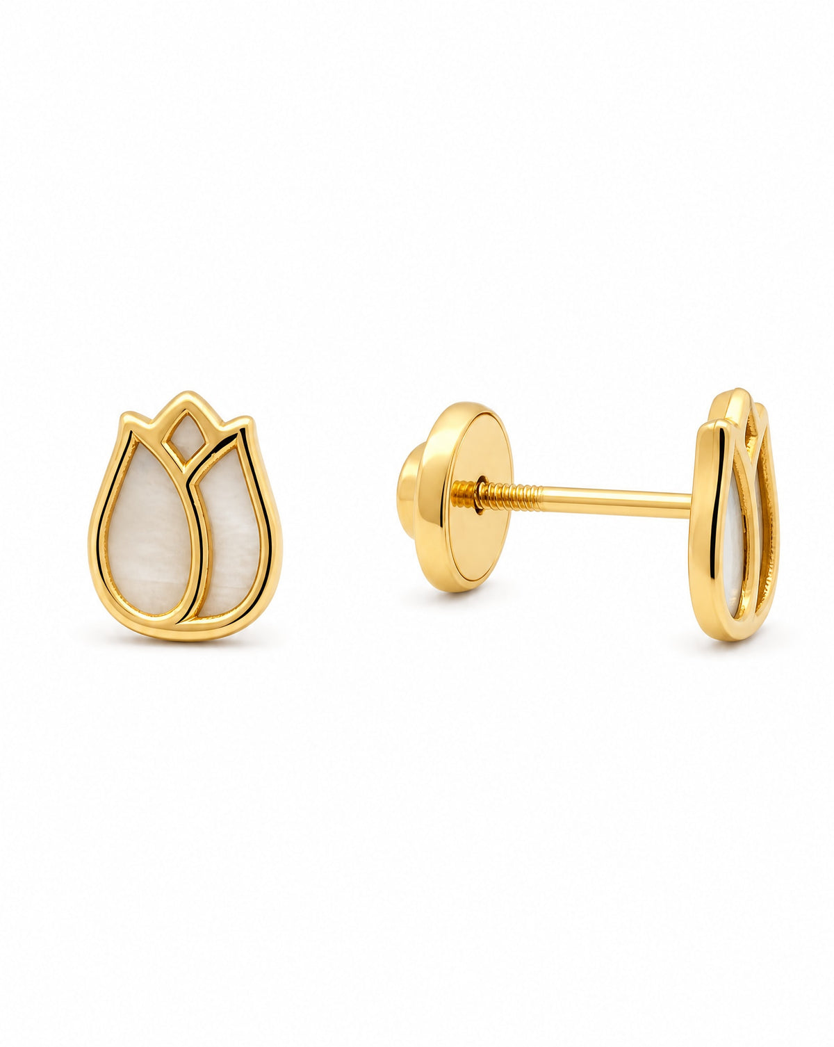 14K Yellow Gold Mother Of Pearl Tulip Flower Screwback Earring