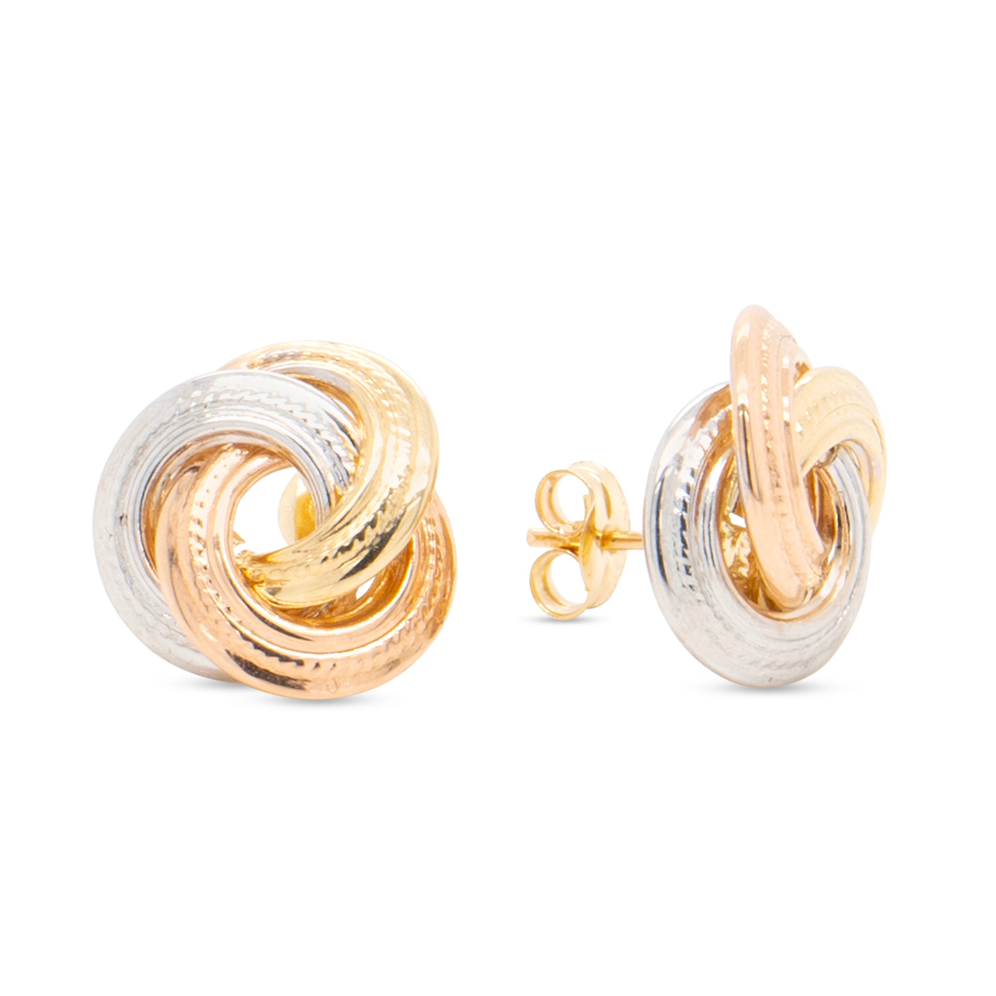14K Tri-Color Gold Large Detailed Classic Knot Stud Pushback Earrings