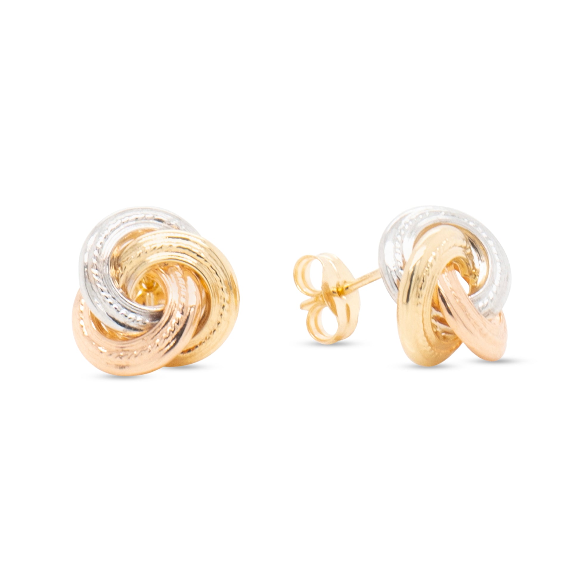 14K Tri-Color Gold Medium Detailed Classic Knot Stud Pushback Earrings